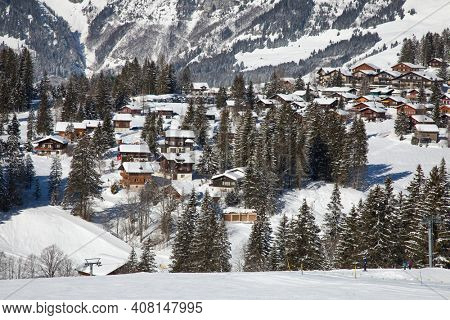 Winter in the swiss alps, Arvenbuel village near Amden canton of St. Gallen in , Switzerland