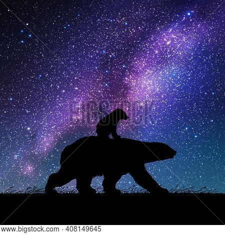 Bears Family At Night. Animal Silhouettes. Starry Sky And Milky Way
