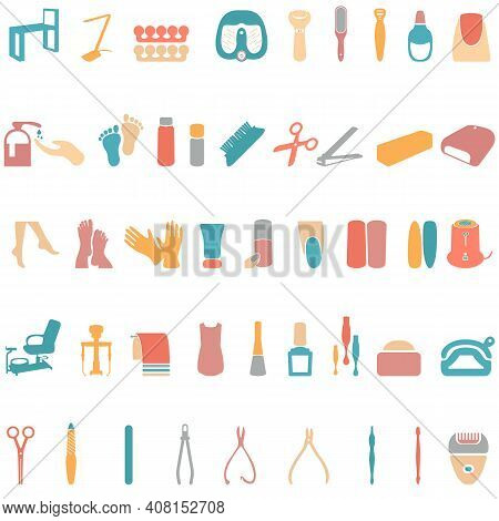 Manicure, Pedicure Tools And Products Color Flat Design Vector Illustration Set