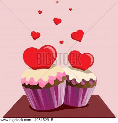 Chocolate Cupcakes With Hearts, For Valentine's Day. Vector Illustration In A Flat Style.