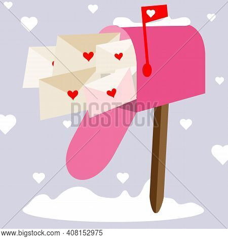 Mailbox With Love Letters. Valentines In Envelopes By Mail.