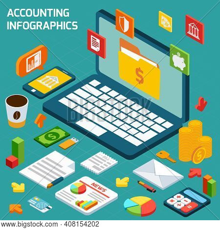 Accounting Isometric Infographics Set With Notebook And Finance Payment And Tax Elements Vector Illu