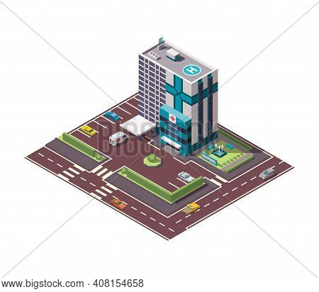 Isometric Hospital Or Ambulance Building Mockup With Signage, Helicopter Pad And Road Infrastructure