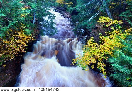 River Rapids On The Presque Isle River At Porcupine Mountains State Park In Michigan