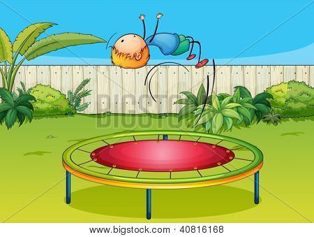 Ilustração de um menino que saltar sobre um trampolim em um belo jardim