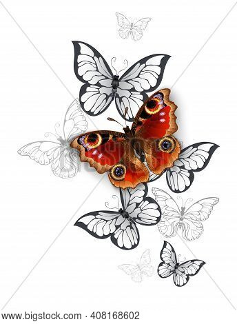 Flying Red, Realistic, Textured Peacock Butterfly And White, Gray Butterflies On A White Background.