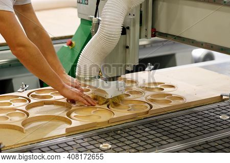 Batch Production Process With Cnc Wood Router Machine. Selective Focus.