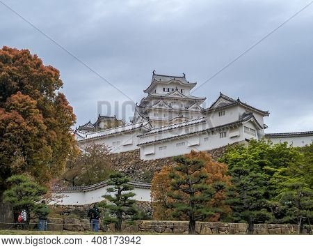 Himeji, Japan - April 15, 2018: Himeji Shirasagijo Castle In The Japanese City Of Himeji. The Large 