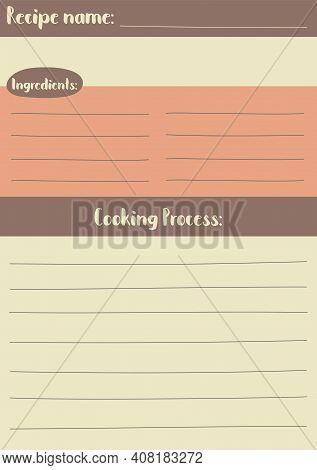 Vertical Recipe Template In Warm Color Palette, A5 Vertical Format. Blank Cookbook Page In Cozy Retr