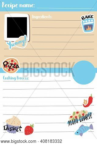 Recipe Card Template Vector Illustration In A5 Size, Vertical Format. Recipe Template Pad For Bujo. 