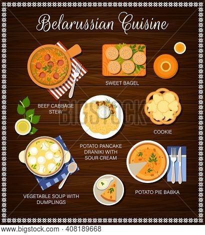 Belarussian Cuisine Food, Belarusian Menu Of Restaurant, Vector Traditional Dinner And Lunch. Belaru