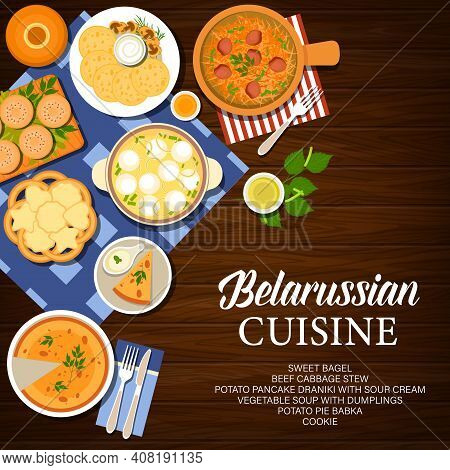 Belarus Cuisine, Belarussian Food Dishes And Meals, Vector Restaurant Menu Cover. Belarusian Cuisine