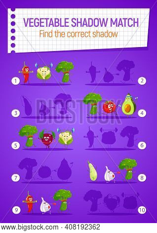 Kids Game Shadow Match Vector Riddle With Cartoon Funny Vegetables Sportsmen On Board. Educational T