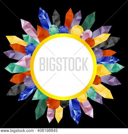 Crystals And Gem Stones Round Frame On Black Background