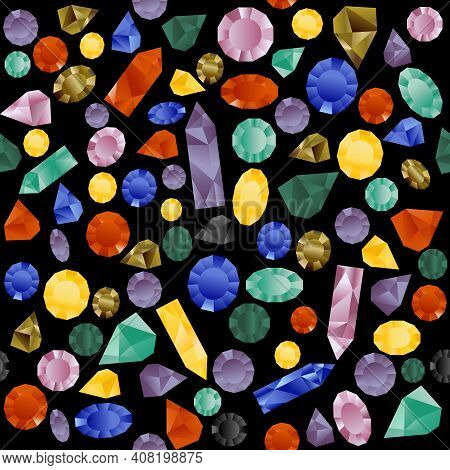 Colorful Seamless Pattern With Gemstones On Black Background