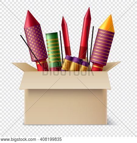 Realistic Pyrotechnics In Box Composition With Different Sparklers And Sticks Of Bengal Lights Insid