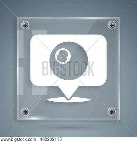 White Map Pointer With Billiard Pool Snooker Ball With Number 8 Icon Isolated On Grey Background. Sq