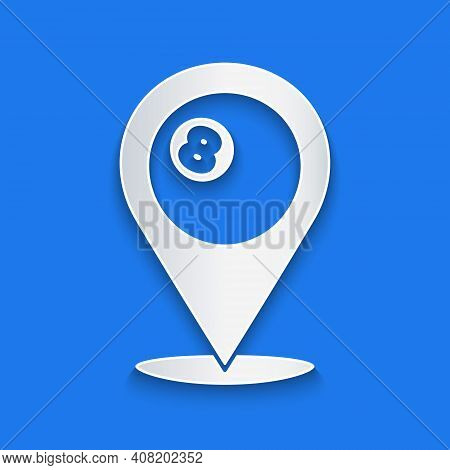 Paper Cut Map Pointer With Billiard Pool Snooker Ball With Number 8 Icon Isolated On Blue Background