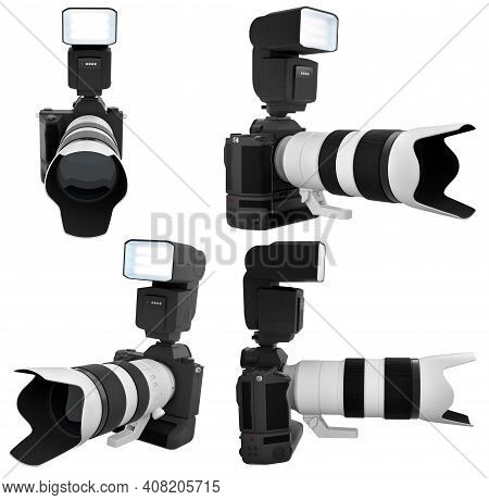 Concept Of Nonexistent Dslr Camera With Lens Isolated On A White Background With Clipping Path. 3d R