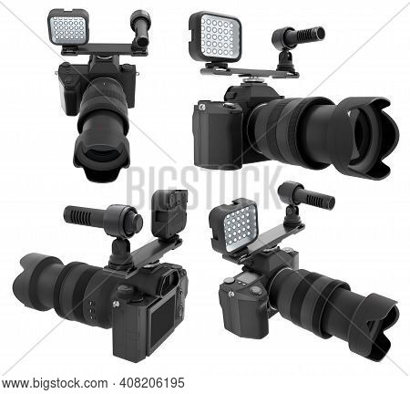 Nonexistent Dslr Camera With Optical Lens, External Flash Speedlight And Microphone On White Backgro