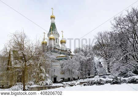 Sofia, Bulgaria - January 27, 2021: Russian Orthodox Church St. Nicholas The Wonderworker Or Miracle