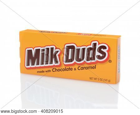 IRVINE, CALIFORNIA - DECEMBER 12, 2014: A box of Milk Duds Candy. Manufactured by the Hershey Company, the chewy caramel and chocolate candies are a popular snack in movie houses.