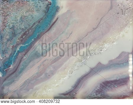 Beautiful Contemporary Art In Resin Art Technique. Delicate Overflows Of Light Pink, Blue And Lilac 