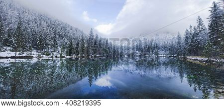 Amazing Winter Landscape With Snowy Mountains And Clear Waters Of Green Lake (gruner See), Famous To