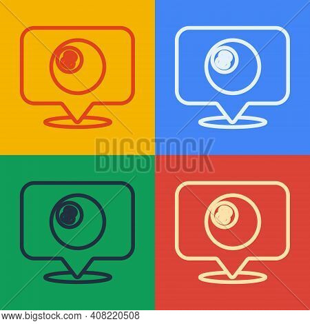 Pop Art Line Map Pointer With Billiard Pool Snooker Ball With Number 8 Icon Isolated On Color Backgr