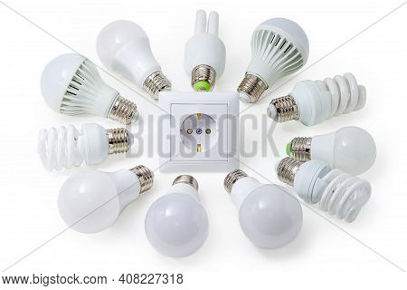 Several Household Light Emitting Diode Lamps And Compact Fluorescent Lamps Of Different Design Laid 