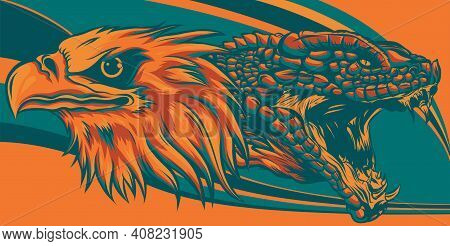 Eagle Fighting A Snake Serpent . Style Vector