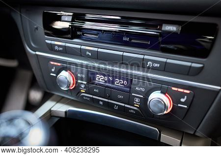 Modern Car Climate Control Panel For Driver And Passenger With Shallow Depth Of Field. Zone Climate 