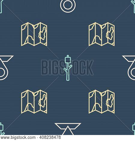 Set Line Location, Of The Forest Map And Marshmallow Stick On Seamless Pattern. Vector