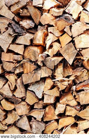 Cut Wood, Firewood For The Winter. Cut Logs Fire Wood And Ready Pieces Of Wood For Heating Wood. Lum