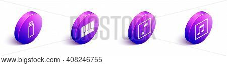 Set Isometric Usb Flash Drive, Music Synthesizer, Music Note, Tone And Music Note, Tone Icon. Vector