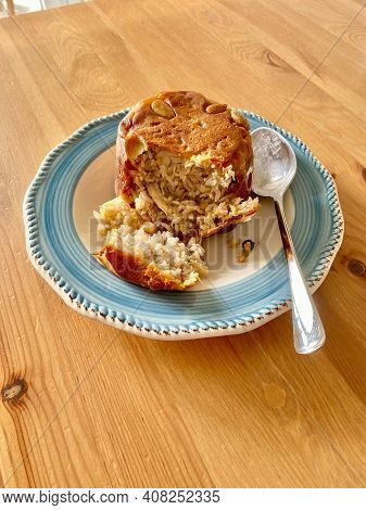 Turkish Perde Pilavi. Drape Pilaf With Chicken, Almond And Raisin. Pilav