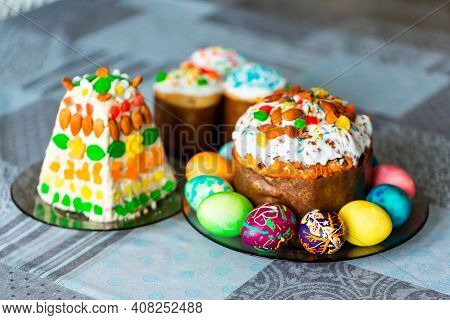 Traditional Easter Holiday Table Served With Easter Cake And Eggs