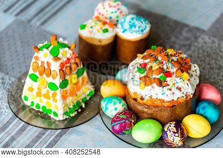 Traditional Easter Holiday Table Served With Easter Cake And Eggs