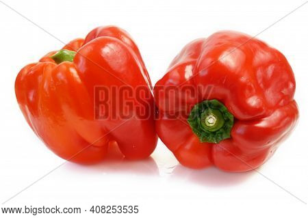 Red Sweet Peppers On White Background, Bellpeppers, Paprika, Closeup