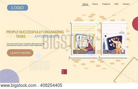 People Organizing Their Tasks And Appointments Landing Page Template, Businessman Stands At Blackboa
