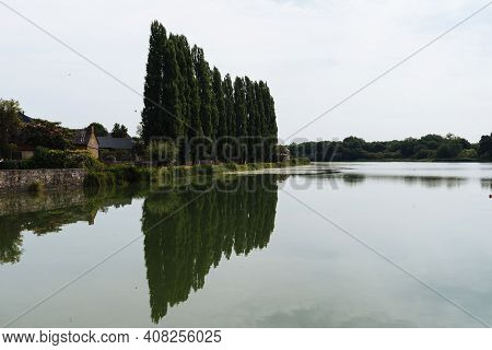 Row Of Poplars Reflecting On The Lake Of Combourg