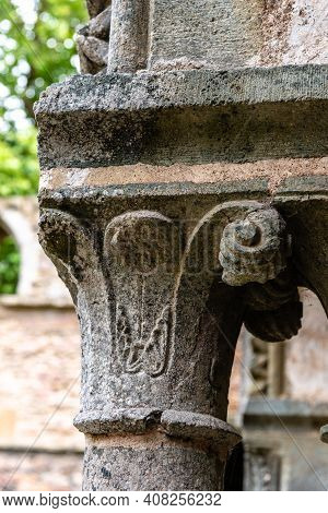 Romanesque Capital In Medieval Abbey In Brittany