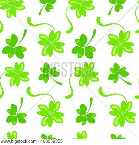 Simple Shamrock And Clover Pattern With Highlights. Spring Green Seamless Pattern For St. Patrick's 