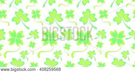 Light Green Seamless Pattern With Double Shamrock Leaves And Clover Hearts. Spring Green Background 