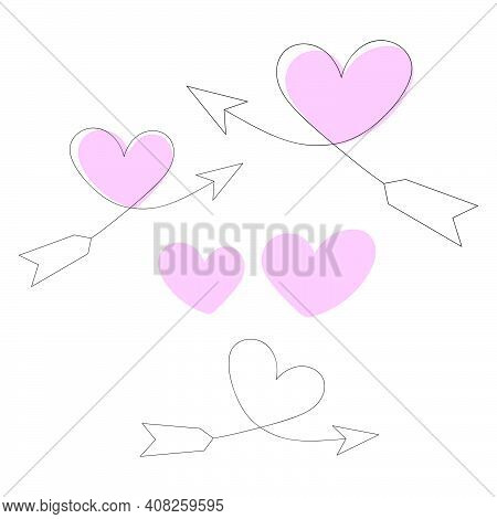 Romantic Set Of Separate Elements - Arrow, Pink Heart, Heart With Arrow, Linear Flat Illustration Fo