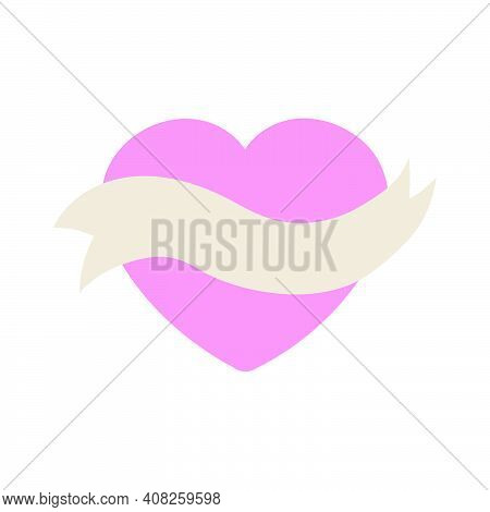Separate Symbol Flat Pink Heart With A Ribbon. Isolated Heart Object For Valentine's Day, Can Be Use