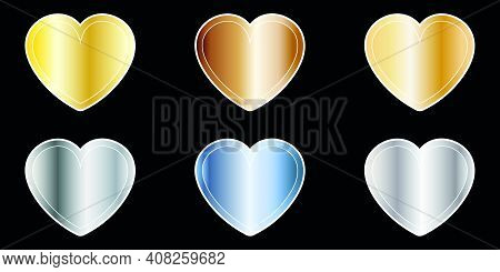 Set Of Gold Silver Metallic Hearts Stickers. Can Be Used As Stickers, As Buttons. Beautiful Metallic
