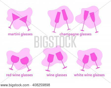 Set Of Classic Glasses For Alcohol. Pairs Of Two Glasses Cheers, Flat Icon Pink Vector Simple Illust