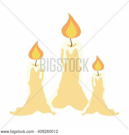 Set Of Three Burning Candles With Dripping Wax. Simple Color Flat Illustration. Stock Vector Illustr