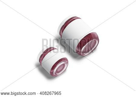 Blank Big And Small Glass Jar Label And Jam Mockup, 3d Rendering. Empty Sweet Strawberry Pozzy In Ca